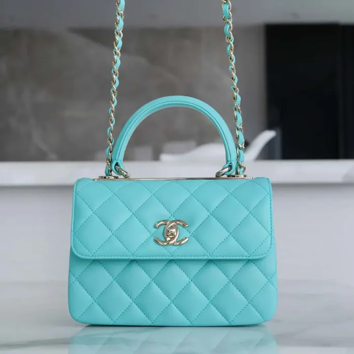 Chanel Women Mini Flap Bag with Top Handle Lambskin-Light Blue