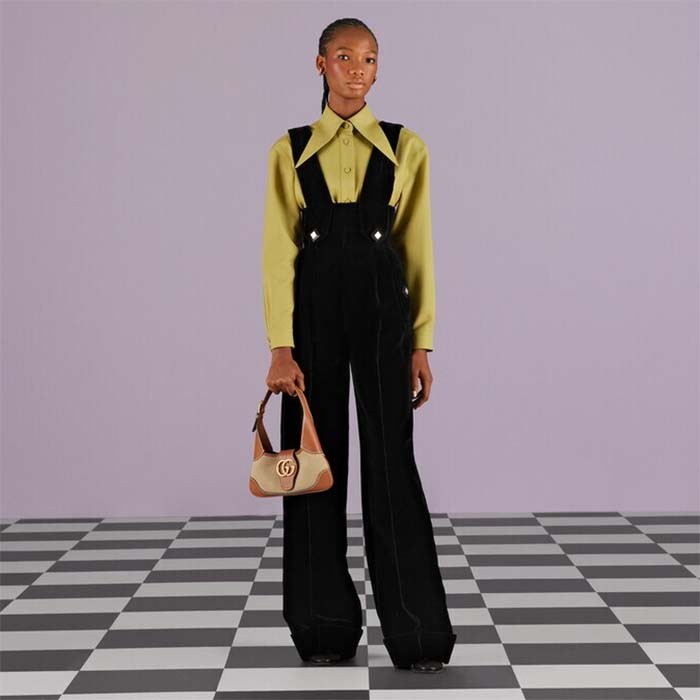 Gucci Women GG Aphrodite Small Shoulder Bag Beige Cotton Canvas Brown Leather