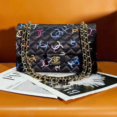 Chanel Women CC Classic 11.12 Handbag Printed Fabric Gold-Tone Metal Black Multicolor