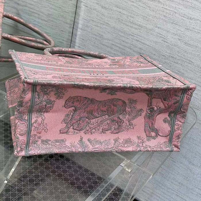 Dior Women CD Medium Book Tote Pink Gray Toile De Jouy Sauvage Embroidery