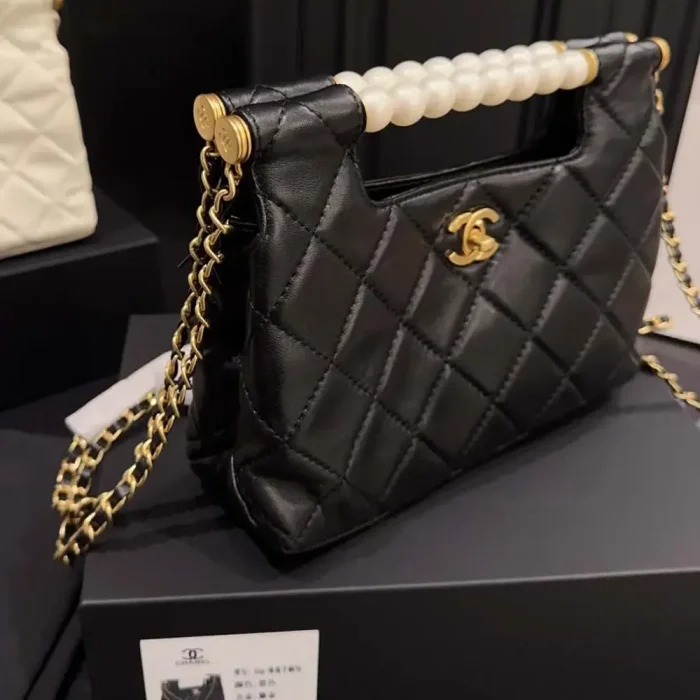 Chanel Women Small Shopping Bag Shiny Lambskin Imitation Pearls Gold Tone Metal