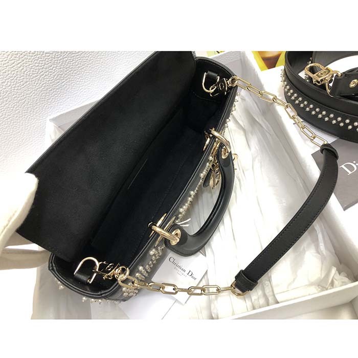 Dior Women CD Small Lady D-Joy Bag Black Crinkle-Effect Lambskin White Resin Half-Pearl Cannage