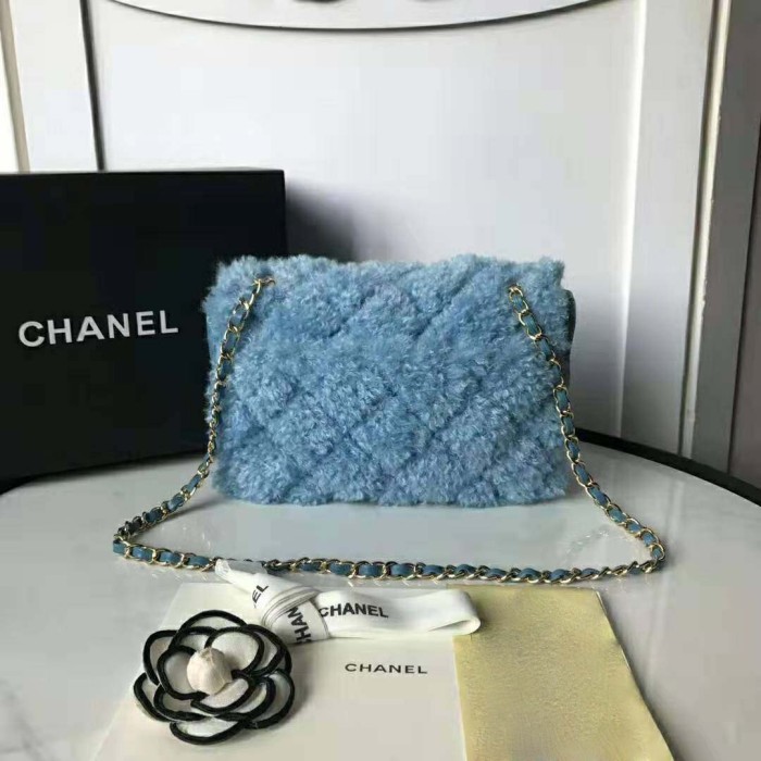 Chanel Women Flap Bag in Shearling Lambskin Leather-Blue