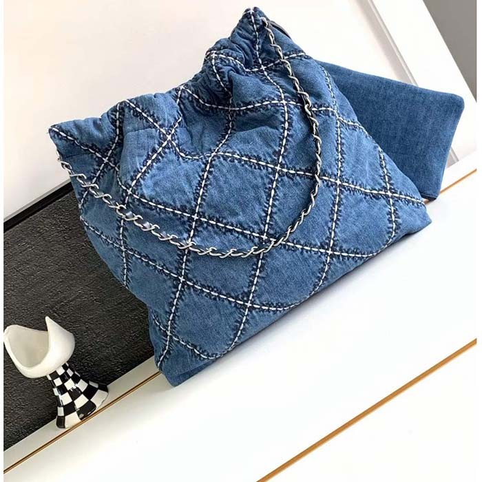 Chanel Women CC 22 Small Handbag Stitched Denim Silver Metal Blue
