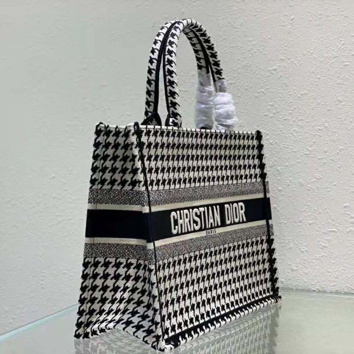 Dior Women Small Dior Book Tote Black and White Houndstooth Embroidery