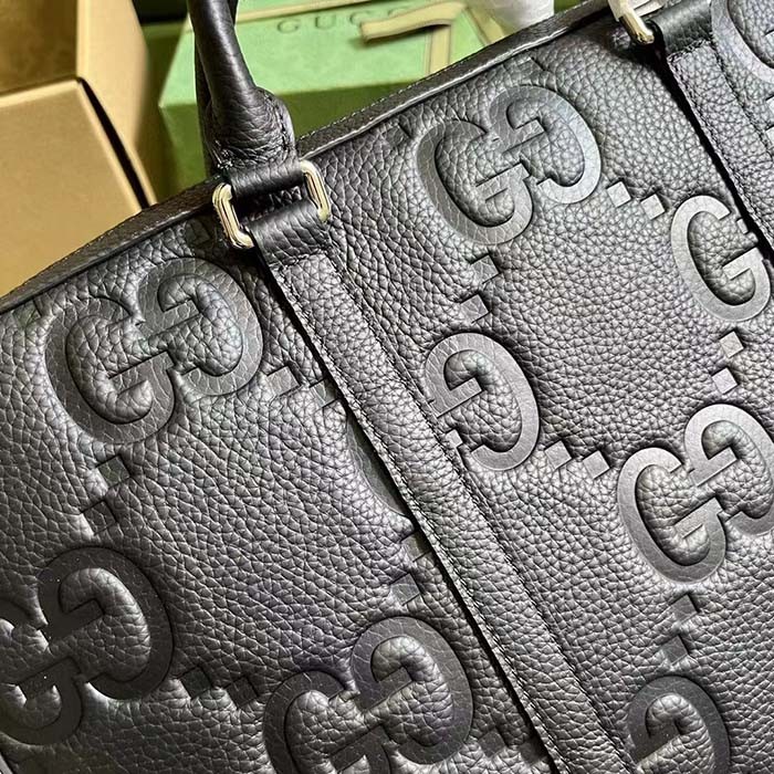 Gucci Unisex Jumbo GG Briefcase Black Leather Cotton Linen Lining Medium Size