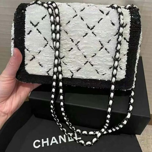 Chanel Women CC Small Flap Bag Sequins Black Metal White Black
