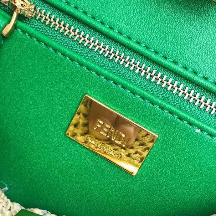 Fendi Women Peekaboo Iconic Mini Natural Raffia Bag Green Nappa