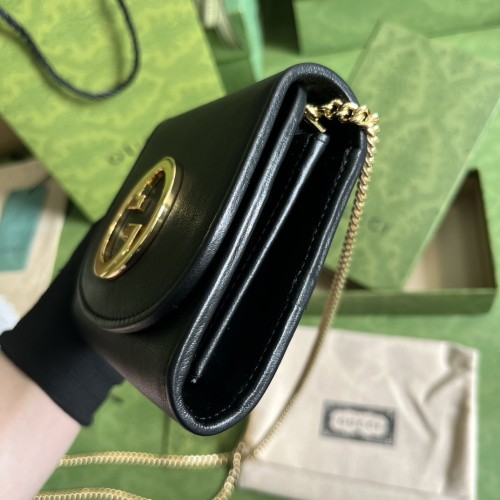 Gucci Women GG Blondie Medium Chain Wallet Black Leather Round Interlocking G