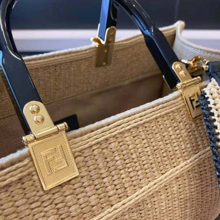 Fendi Women Sunshine Medium Embroidered Straw Shopper
