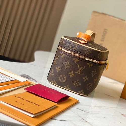 Louis Vuitton LV Unisex Nice Mini Toiletry Pouch Monogram Coated Canvas Natural Cowhide Leather