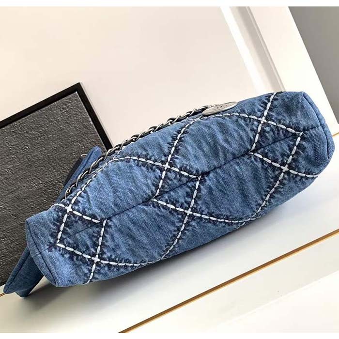 Chanel Women CC 22 Mini Handbag Stitched Denim Silver Metal Blue