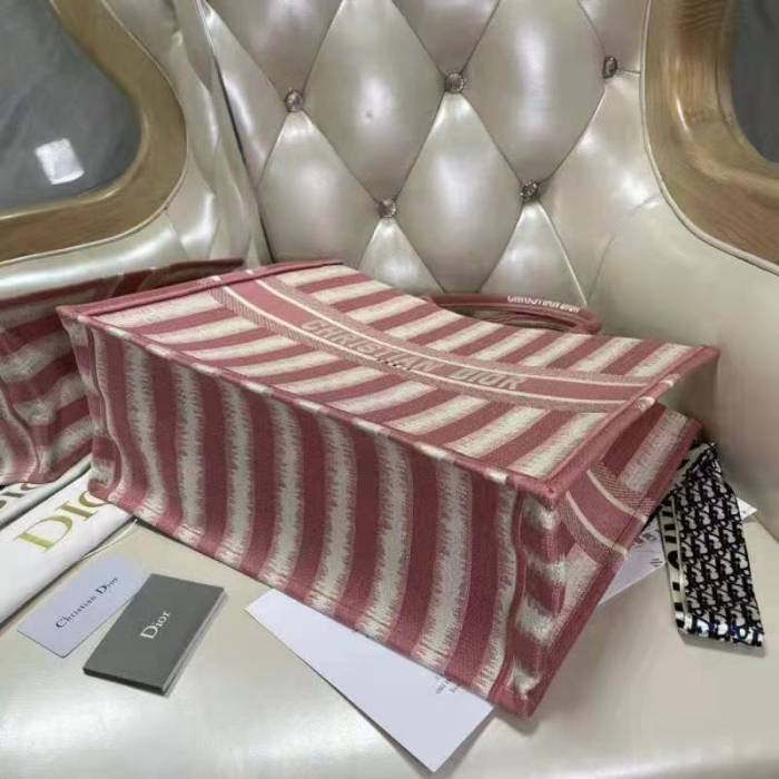 Dior Women Dior Book Tote Pink D-Stripes Embroidery