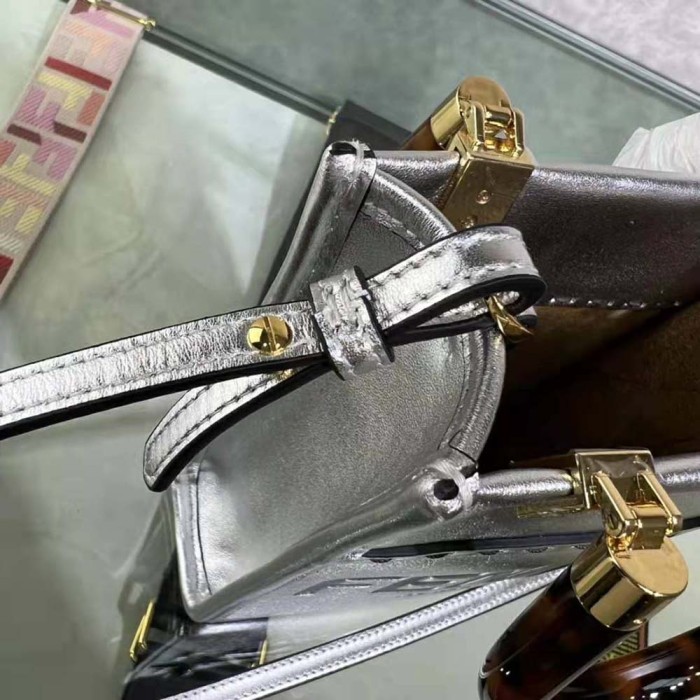 Fendi Women Mini Sunshine Shopper Silver Laminated Leather Shopper
