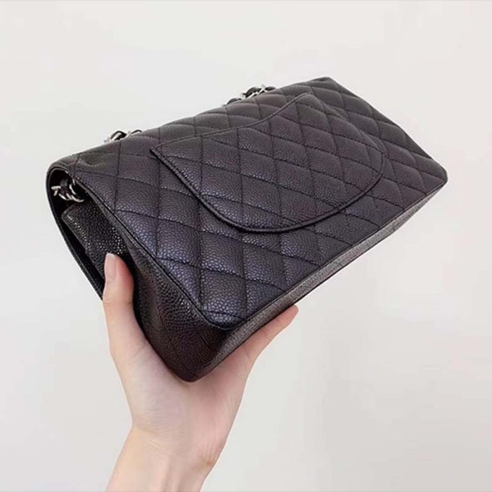 Chanel Women CF Flap Bag in Diamond Pattern Calfskin Leather-Black