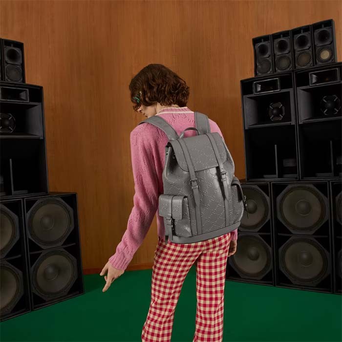 Gucci GG Unisex GG Embossed Backpack Grey GG Embossed Leather