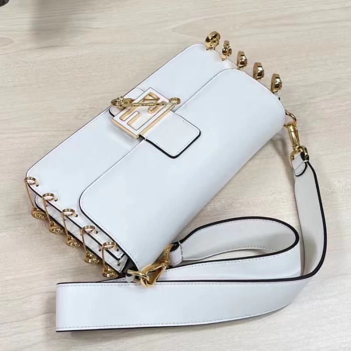 Fendi Women FF Baguette Brooch Fendace White Leather Bag