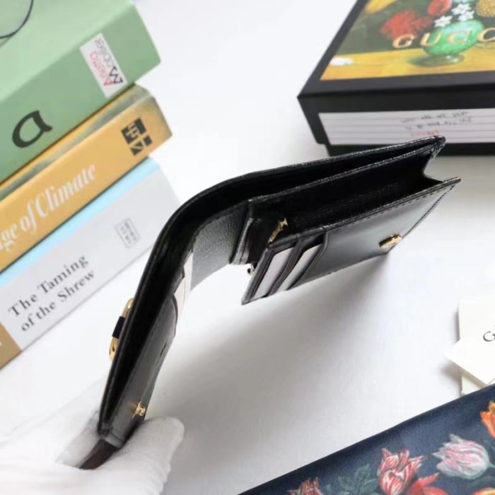 Gucci Unisex Horsebit 1955 Card Case Wallet Black Leather Five Cards Slots