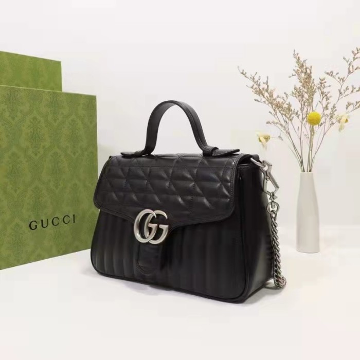 Gucci Unisex GG Marmont Small Top Handle Bag Black Matelassé Leather Double G