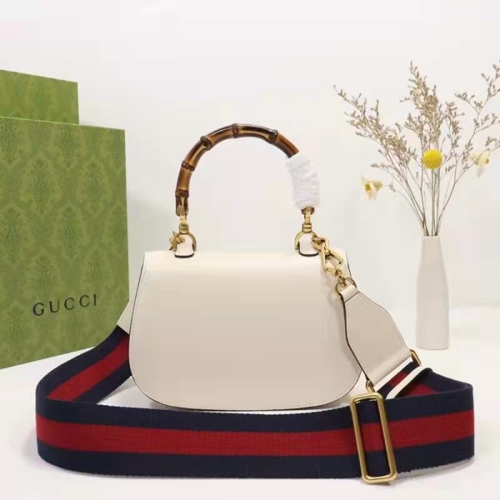 Gucci Women GG Small Top Handle Bag Bamboo White Leather