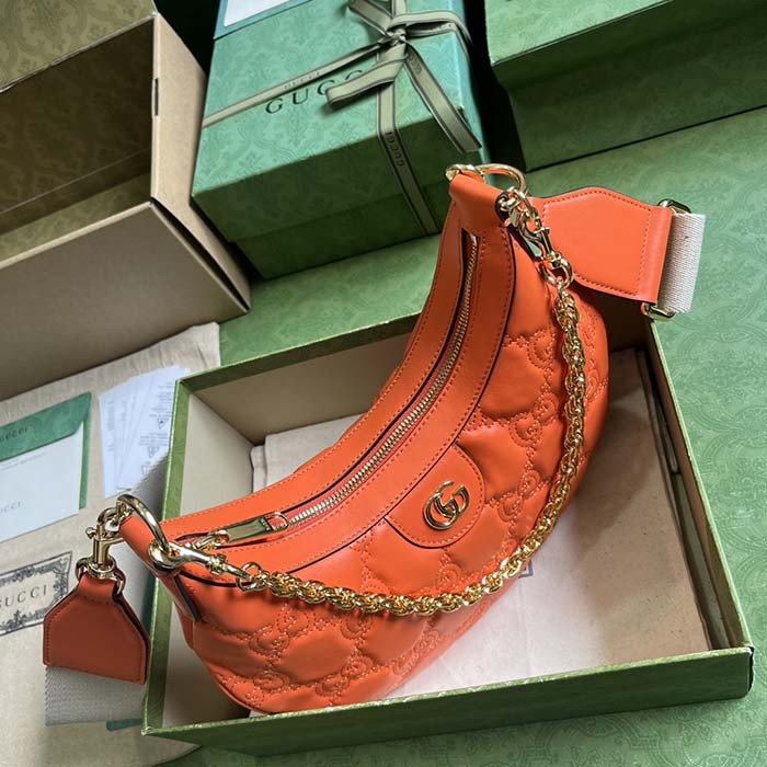 Gucci Women GG Matelassé Small Shoulder Bag Orange Double G Zip Closure
