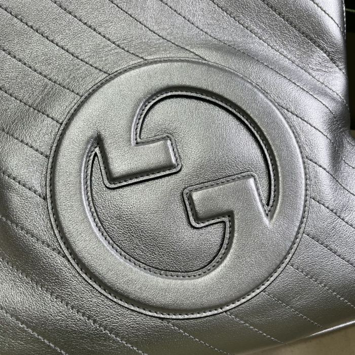 Gucci Women GG Blondie Small Tote Bag Silver Lamé Leather Round Interlocking G