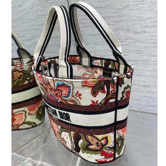 Dior Women CD Hat Basket Bag Natural Multicolor Albero Della Vita Embroidery