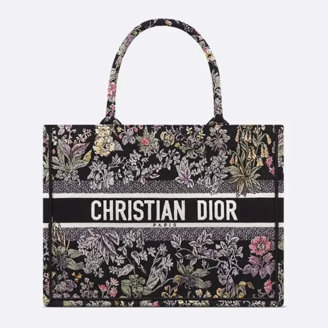 Dior Women Medium Dior Book Tote Black Embroidery with Multicolor Millefiori Unicorn Motif