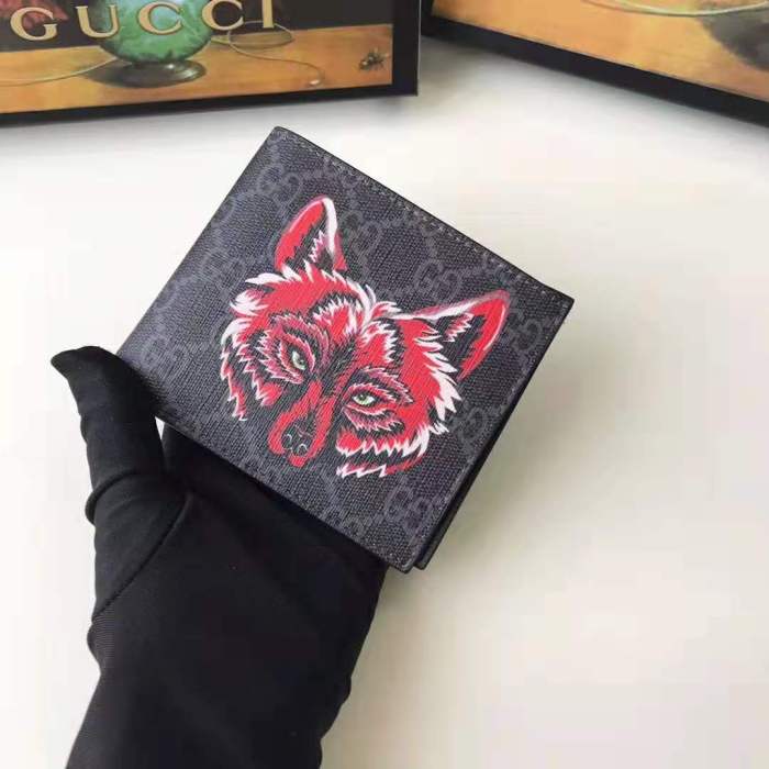 Gucci GG Men GG Supreme Wallet with Wolf in Black and Grey GG Supreme Canvas