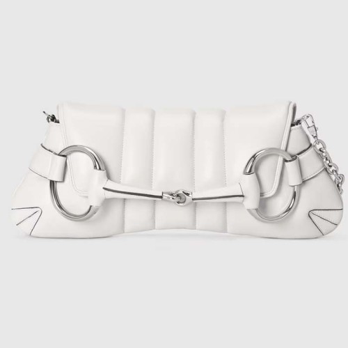 Gucci Women Horsebit Chain Medium Shoulder Bag White Quilted Leather Maxi Horsebit