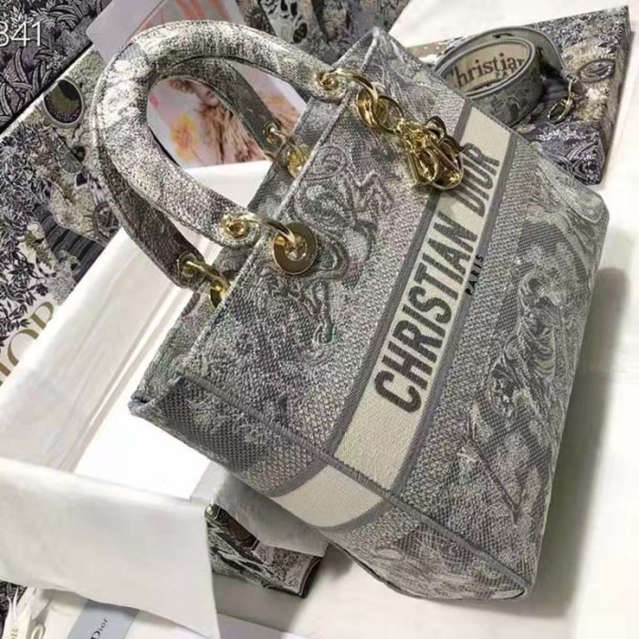 Dior Unisex Small Dior Book Tote Grey Toile De Jouy Embroidery
