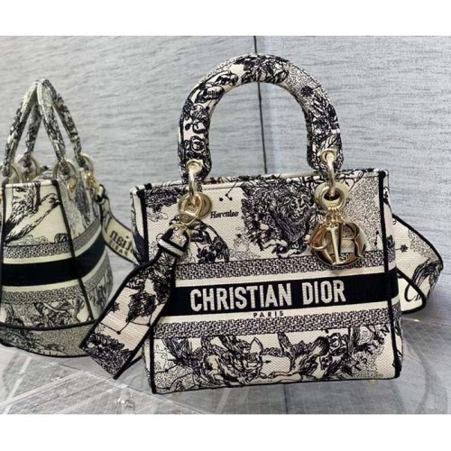 Dior CD Women Medium Lady D-Lite Bag Latte Black Toile De Jouy Zodiac Embroidery