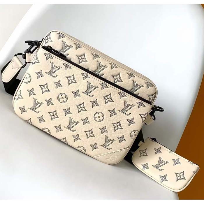 Louis Vuitton LV Unisex Trio Messenger White Navy Blue Monogram Shadow Calf Leather M24754