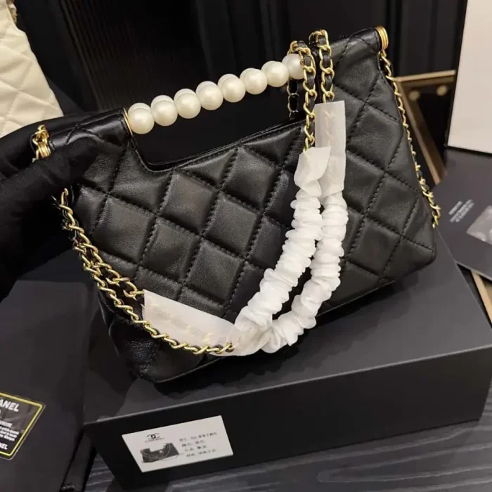 Chanel Women Small Shopping Bag Shiny Lambskin Imitation Pearls Gold Tone Metal