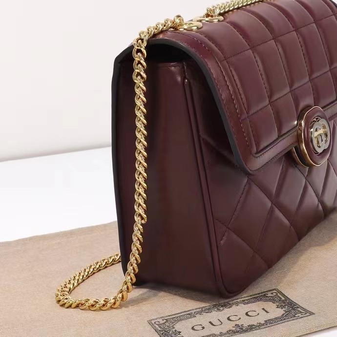 Gucci Women GG Deco Small Shoulder Bag Dark Red Leather Two-Toned Vintage Interlocking G