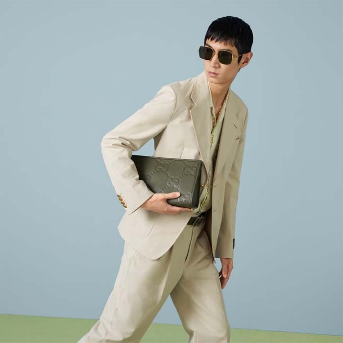 Gucci Unisex Jumbo GG Pouch Dark Green Jumbo GG Leather Zip Closure