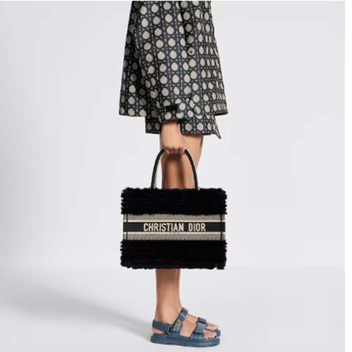 Dior Women CD Medium Dior Book Tote Black Cannage Shearling