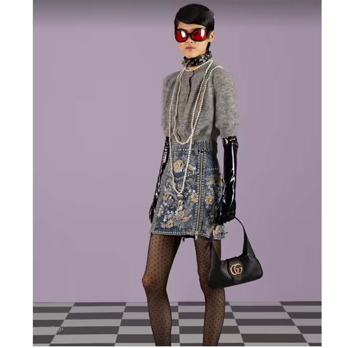 Gucci Women GG Aphrodite Small Shoulder Bag Black Soft Leather Shiny