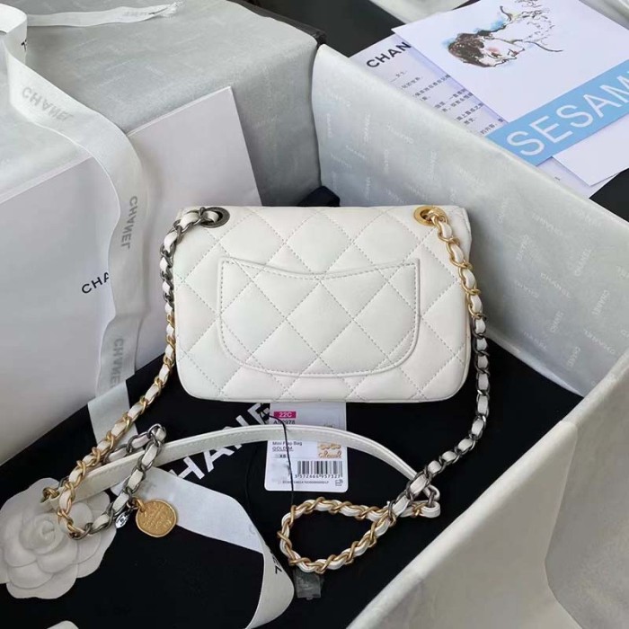 Chanel Women Mini Flap Bag Lambskin Glass Imitation Pearls Strass Gold Silver