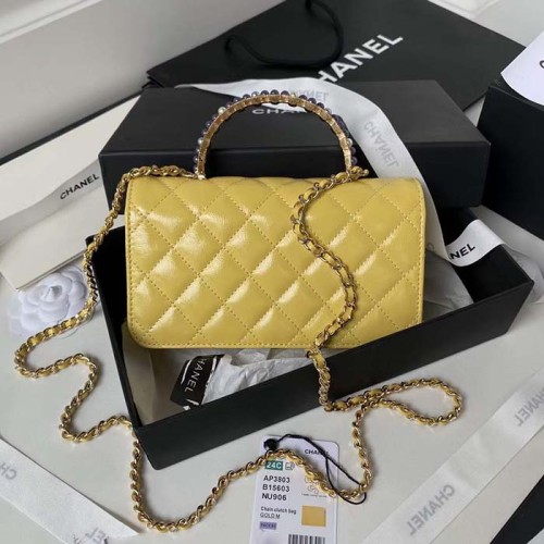 Chanel Women CC Wallet On Chain Lambskin Imitation Pearls Yellow