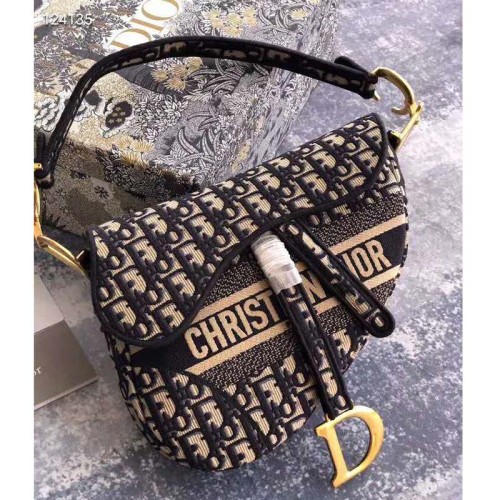 Dior Women Saddle Bag Blue Dior Oblique Embroidery 'CD' Structure