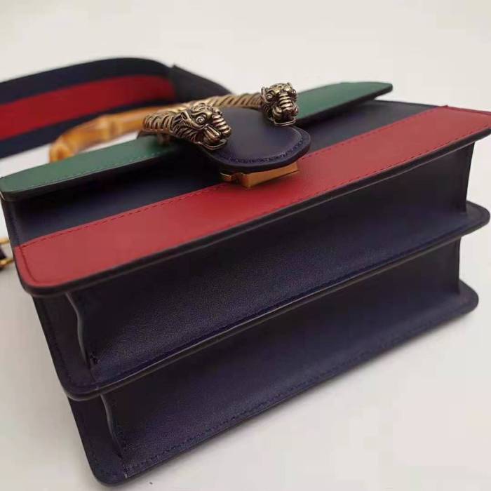 Gucci GG Women Dionysus Medium Top Handle Bag in Blue Gucci Green and Hibiscus Red Leather
