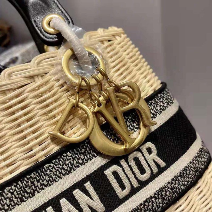 Dior Women Medium Lady Dior Bag Natural Wicker and Blue Dior Oblique Jacquard