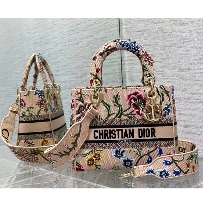 Dior Women CD Medium Lady D-Lite Bag Multicolor Raffia Embroidered Petites Fleurs
