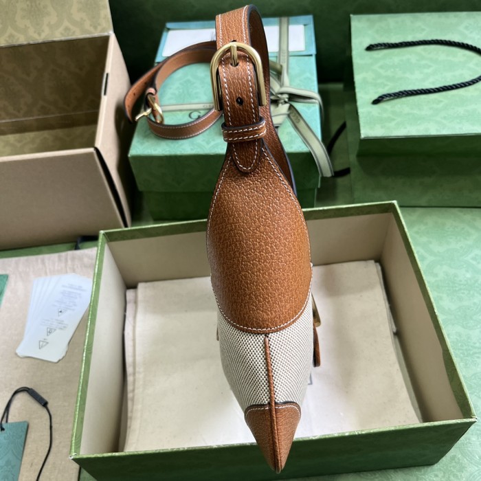 Gucci Women GG Aphrodite Small Shoulder Bag Beige Cotton Canvas Brown Leather