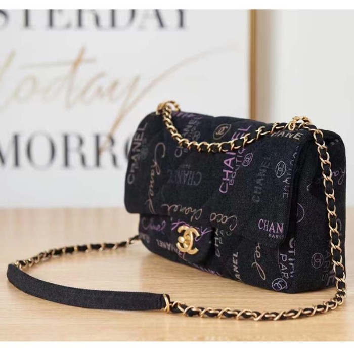 Chanel CC Women Large Flap Bag Printed Denim Gold-Tone Metal Black Multicolor