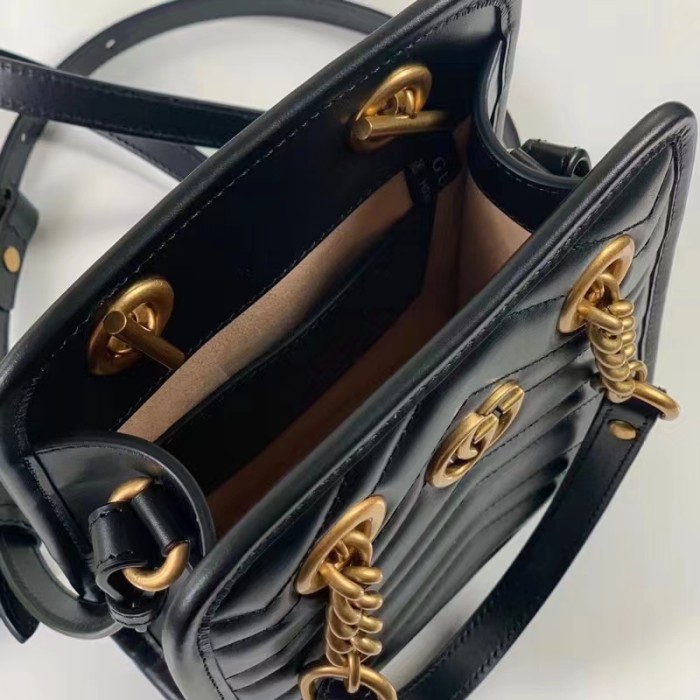Gucci Women GG Marmont Matelassé Mini Bag Black Chevron Leather