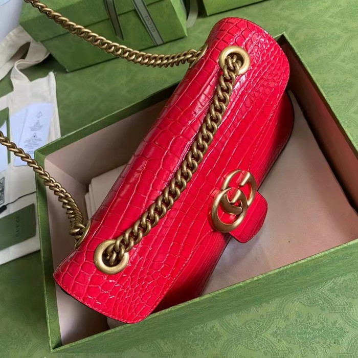 Gucci Women GG Marmont Crocodile Small Shoulder Bag Red Double G