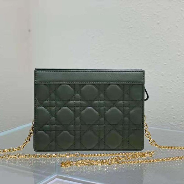 Dior Women Caro Zipped Pouch with Chain Cedar Green Supple Cannage Calfskin