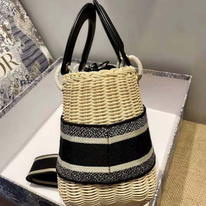 Dior Women Medium Lady Dior Bag Natural Wicker and Blue Dior Oblique Jacquard